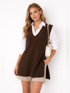 360 Cashmere Brown Oversized Longline Knit Vest w/ Side Slits Preppy Luxe Sz S
